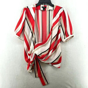 Halogen Wrap Blouse Women's Sz XS Coral Red White Striped Puff Sleeves Sheer